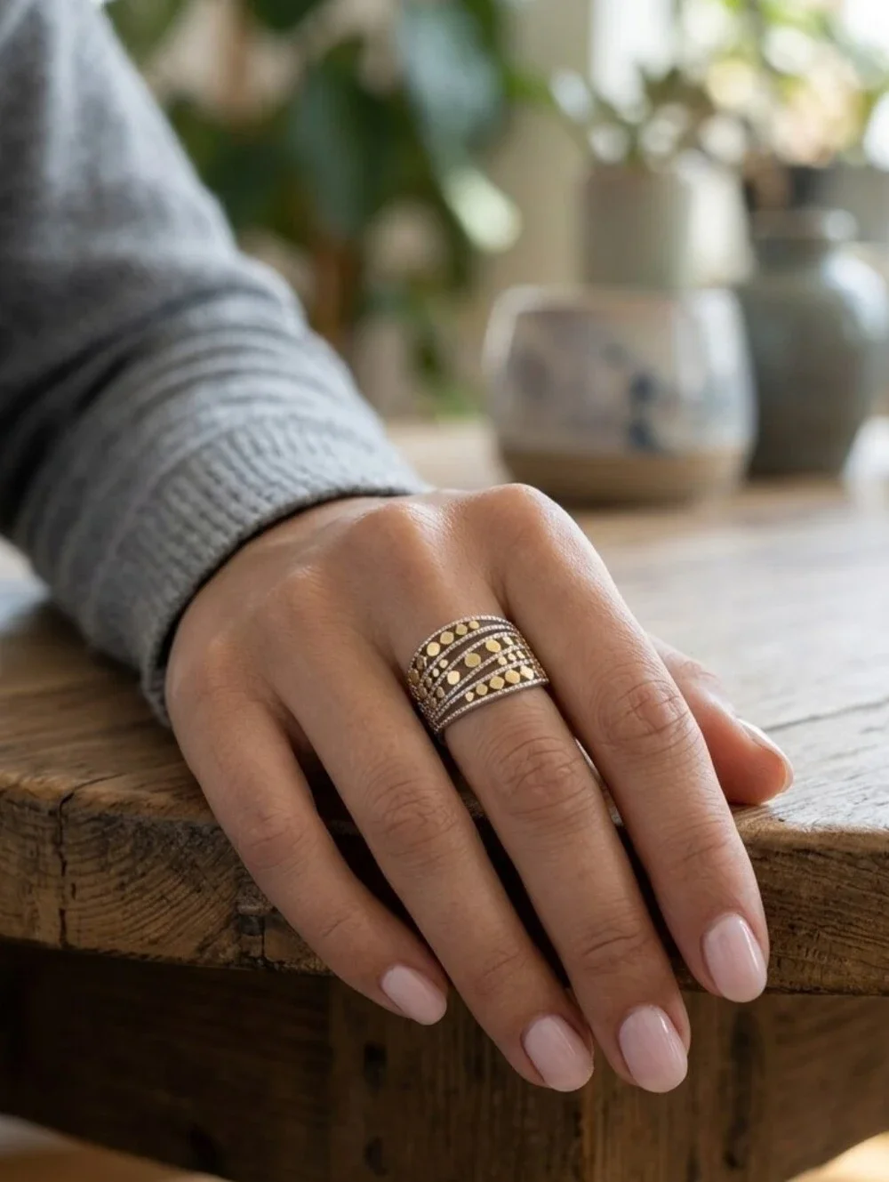 Two Tone Silver Gold Statement Ring Layered Band Adjustable Size